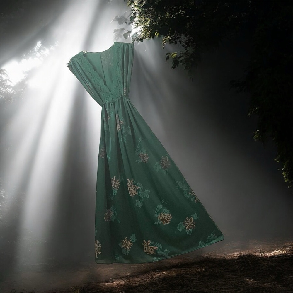 Tom Bezduda Emerald Forest Ethereal Vtg Chiffon Floral Gown Sax 5th Ave Original